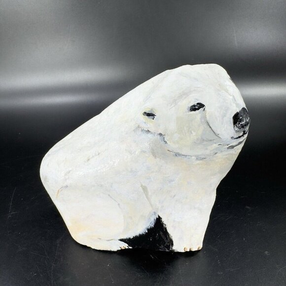 Hand Painted Folk Art Stone Paperweight Figurine Polar Bear Heavy Signed Lejman - Picture 12 of 15